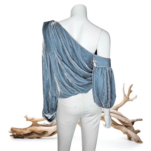 HELLESSY "Amalie" Smokey Blue Velvet One-Shoulder Top | US 6 | Retail $920 NWT - Picture 8 of 12